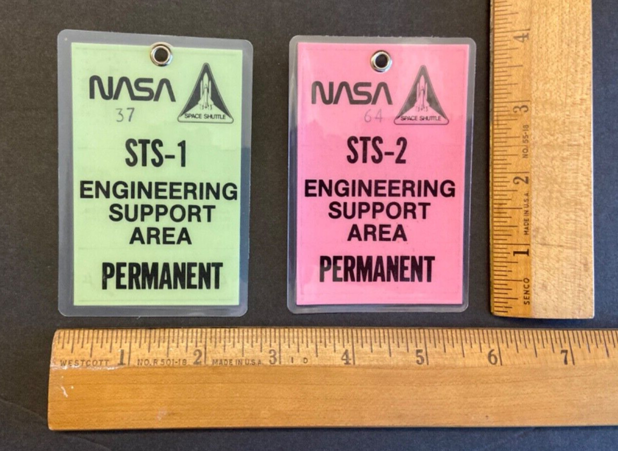Original 1981 NASA STS-1 STS-2 Engineering Area Access Pass Badge (2) Item Lot