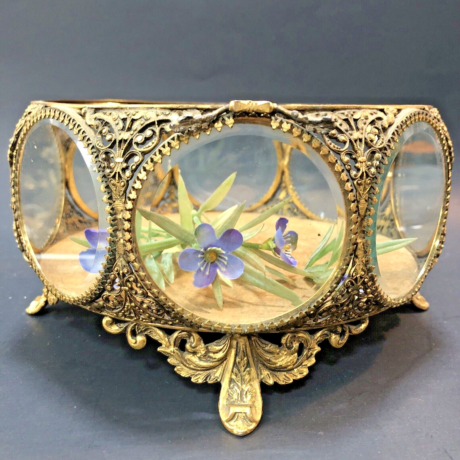 Vintage Jewelry Casket 24K Gold plated Ormolu Filigree Metal Glass 8 Windows 