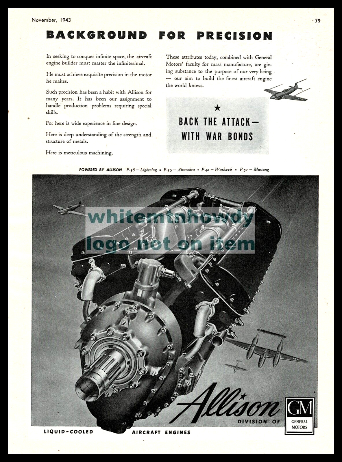 1943 WWII ALLISON Aircraft Engine Wartime General Motors Av iation AD