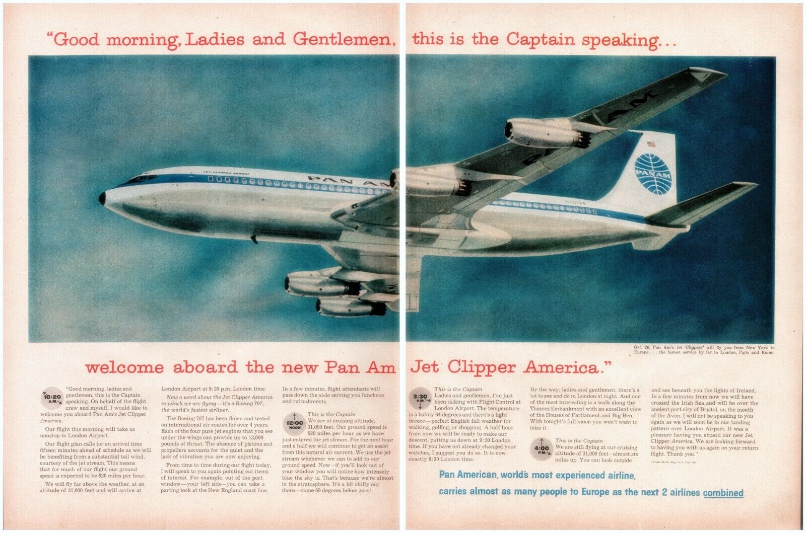 1958 Pan Am TWO PAGE Vintage Print Ad Jet Clipper America New Boeing 707 