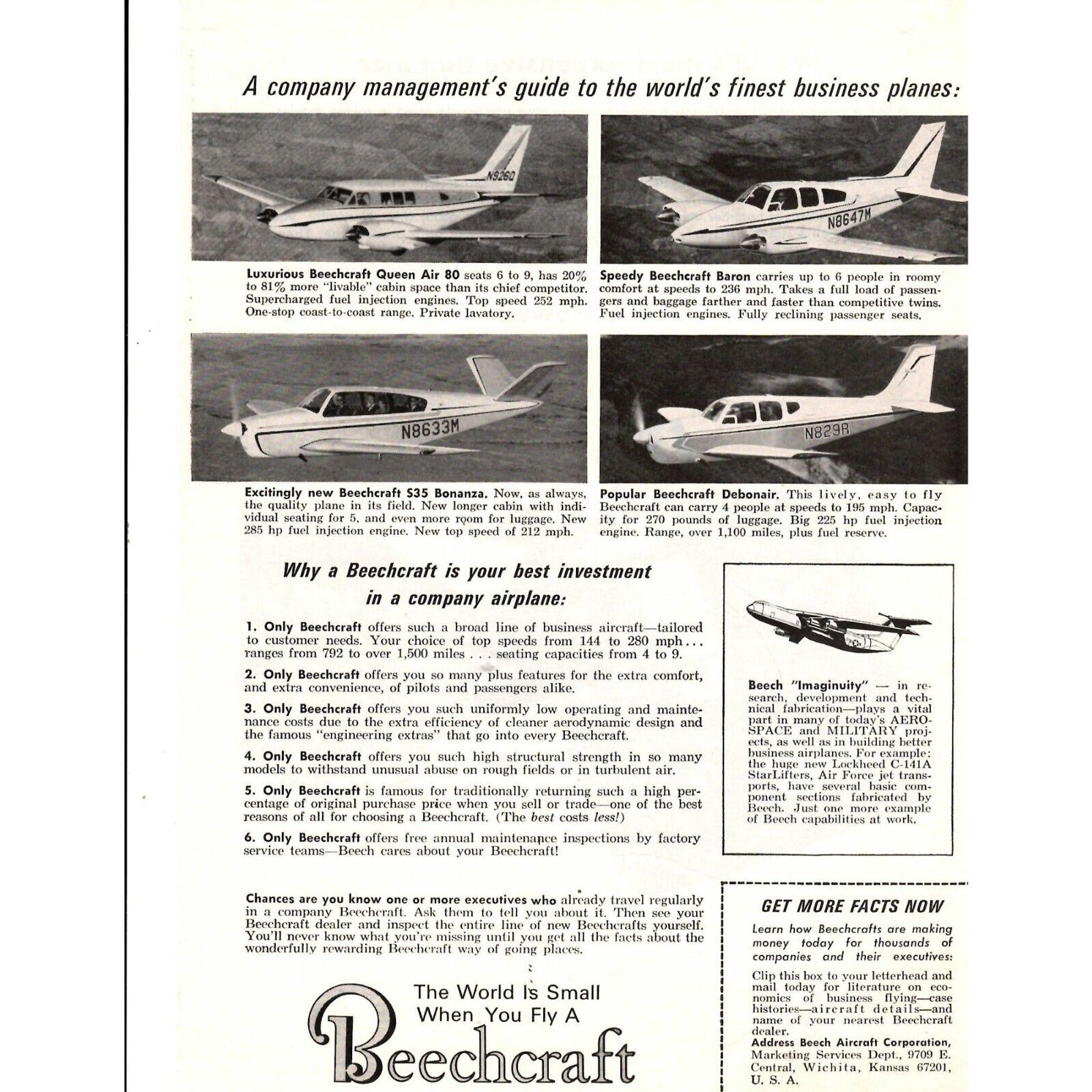 Beechcraft Vintage Advertising Print Ad Queen Air 80 Baron S35 Bonanaza Debonair