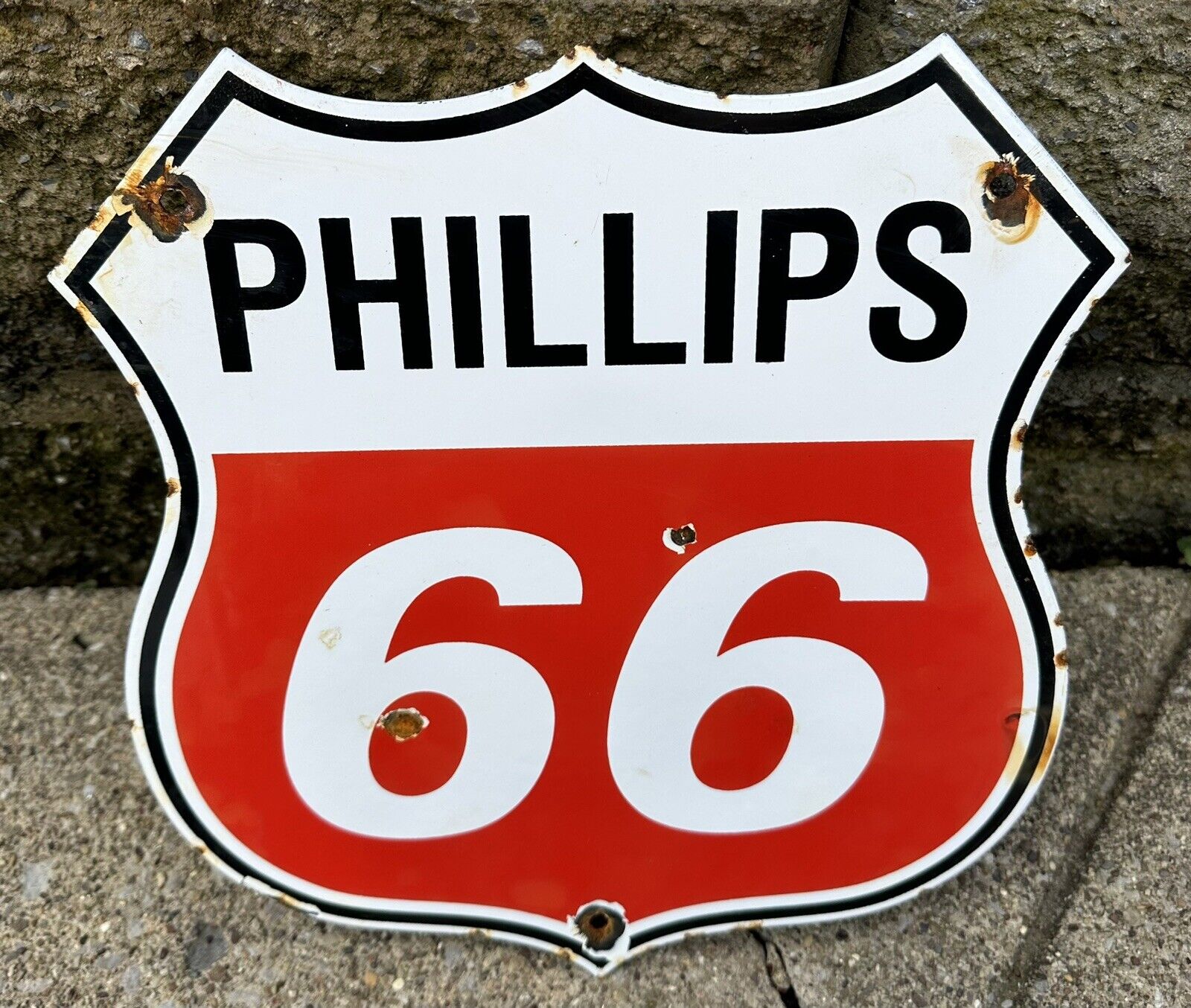 VINTAGE PHILLIPS ROUTE 66 SHIELD PORCELAIN SIGN CAR GAS MOTOR OIL TRUCK TEXAS