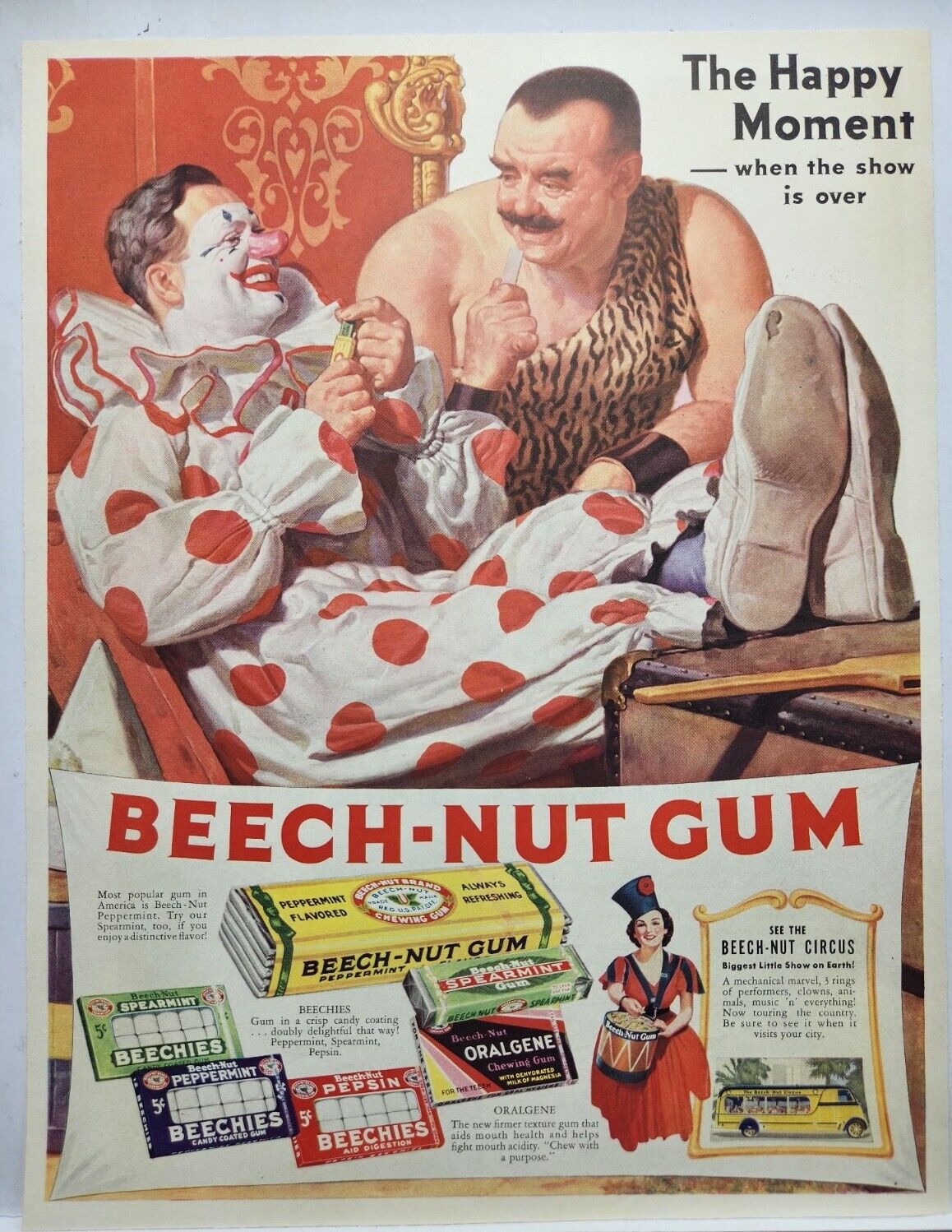 1937 Beech Nut Gum Beechies Circus Clown Vtg Print Ad Man Cave Poster Art 30's