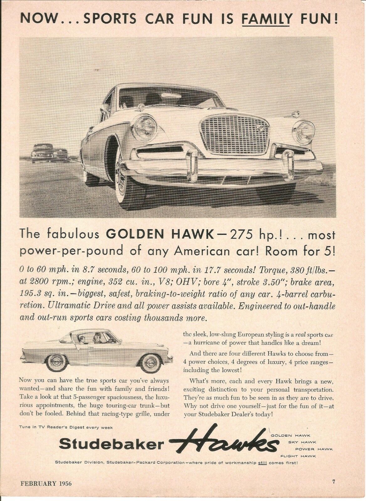 1956 Studebaker Golden Hawk Vintage Magazine Ad    