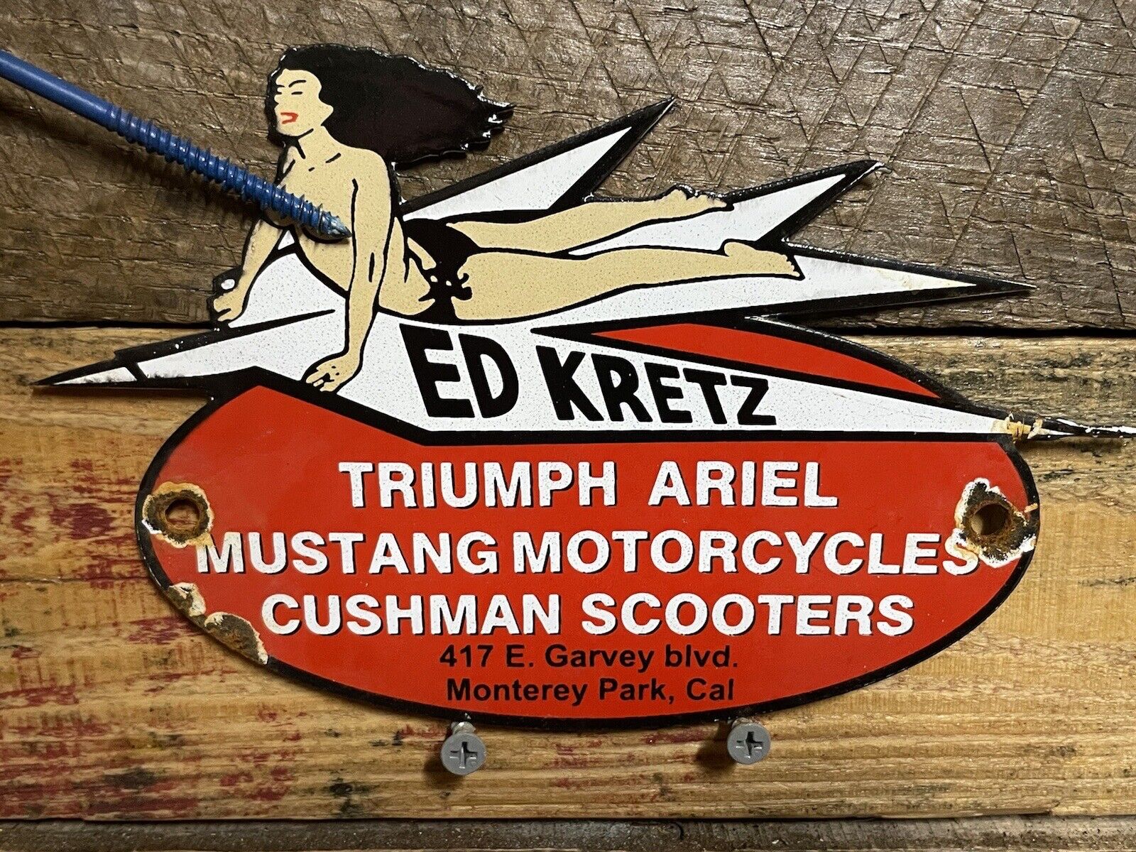 VINTAGE ED KRETZ PORCELAIN SIGN MOTORCYCLE TRIUMPH CUSHMAN MUSTANG GAS & OIL