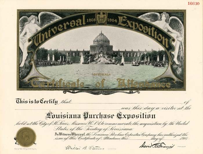 Universal Exposition - Louisiana Purchase Certificate - World's Fair