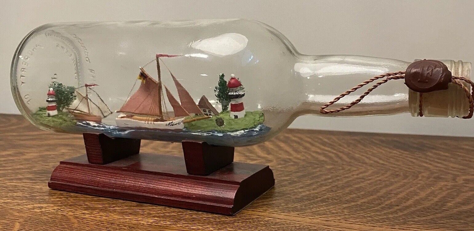 Vintage Original 2 Sailing Ships & Islands In Bottle Wax Stamped Miniature Art