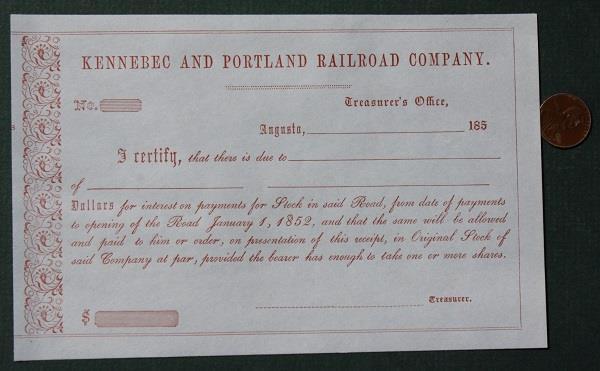 1850s Kennebec & Portland Railroad Unused Stock Dividend Payment Receipt Scrip--