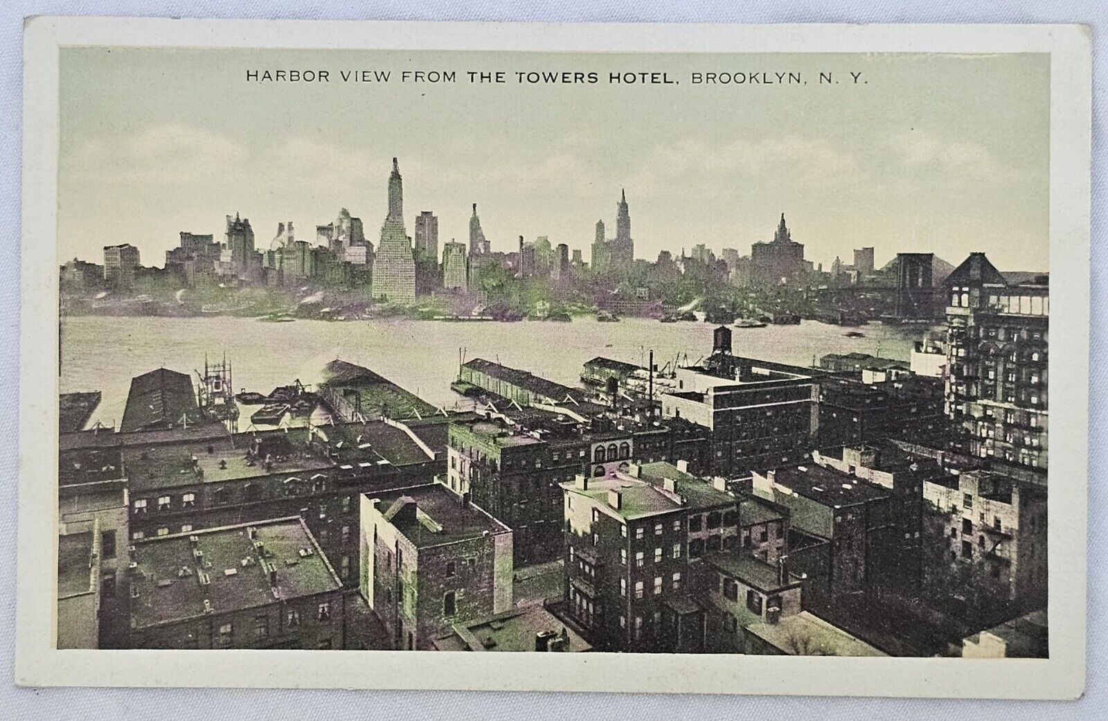 Brooklyn New York Towers Hotel Postcard Elevation Harbor View Hand-Color Skyline