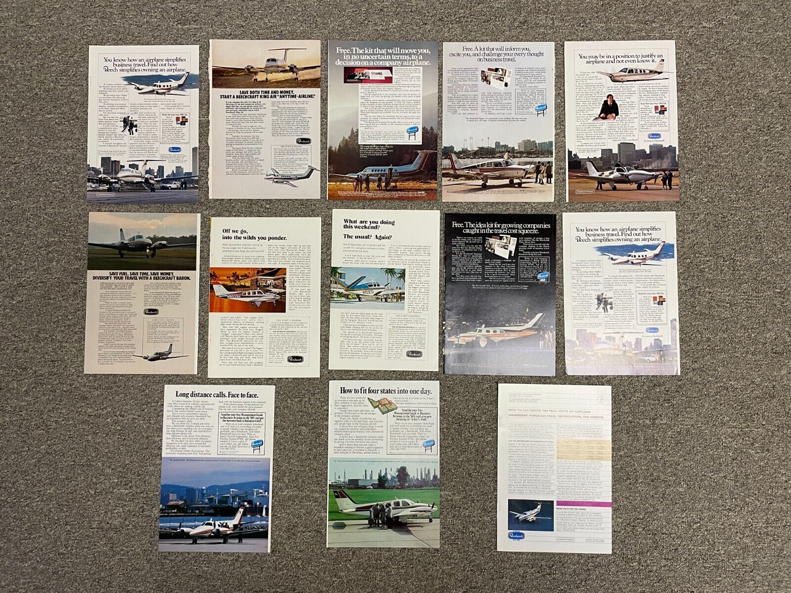 Beechcraft Airplane - Magazine Print Ad Lot of 13  - 10 x 6 7/8 - Various years