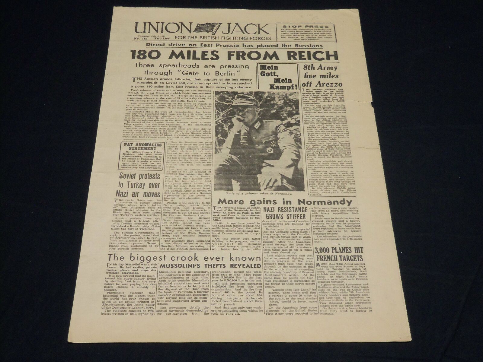 1944 JULY 6 UNION JACK NEWSPAPER - 180 MILES FROM REICH - NP 4517