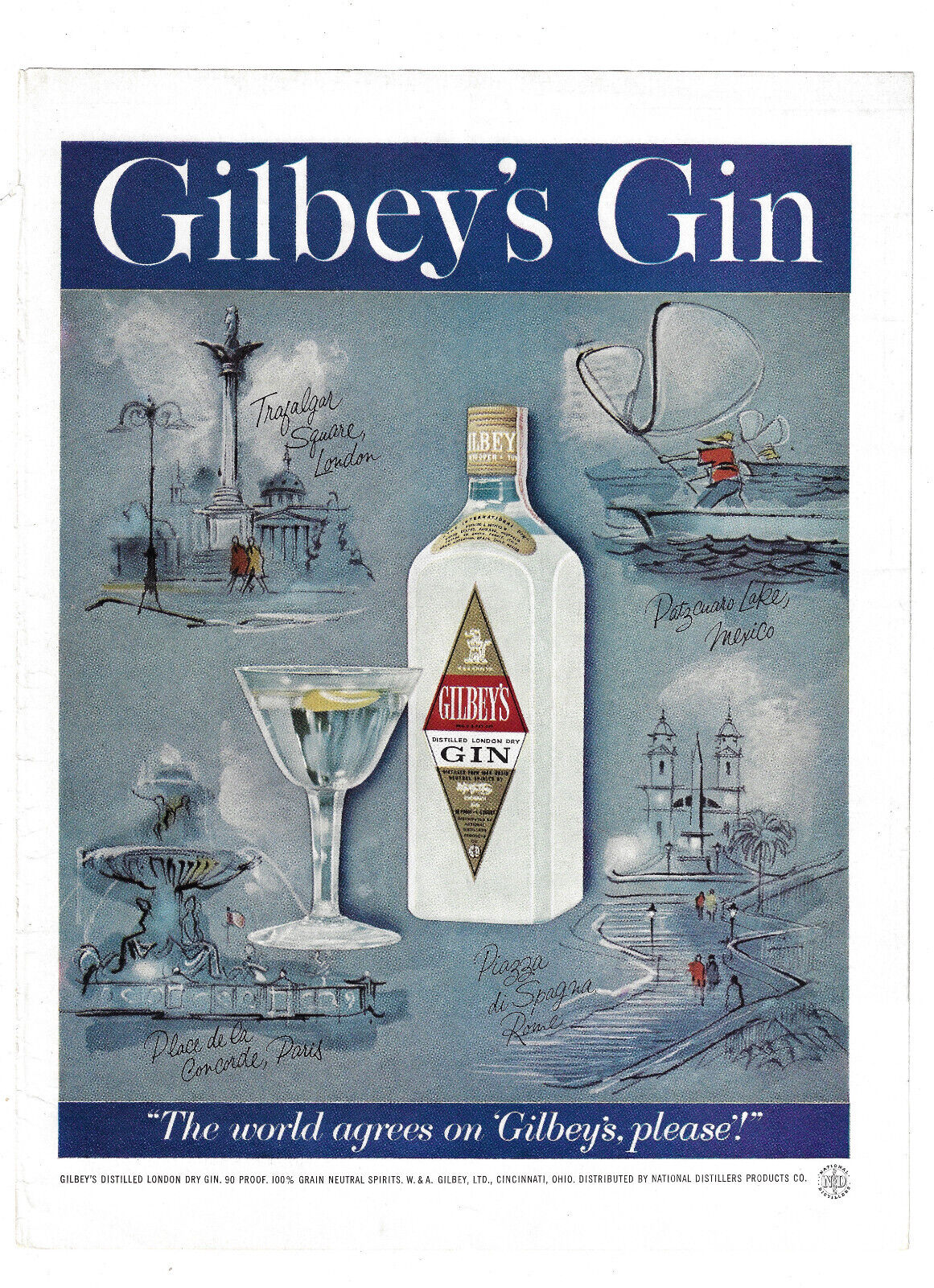 Gilbeys Print Ad Gin Advertising Vintage 1959 Distillery Mexico Paris Rome