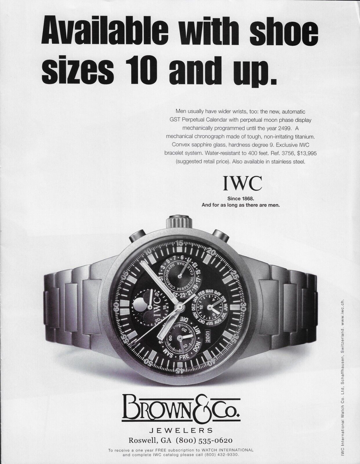 2001 IWC International Watch Co Available Shoe Size 10 and Up Vintage Print Ad x