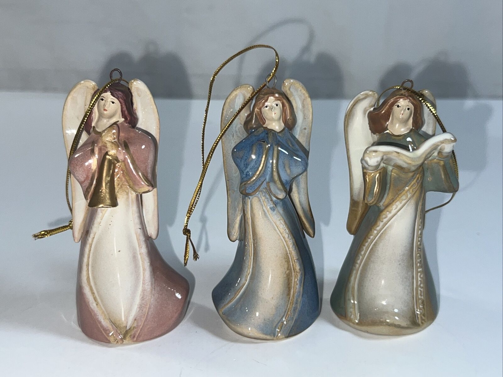 3 Vintage Ceramic Christmas Angel Bell Ornaments Singing Choir 