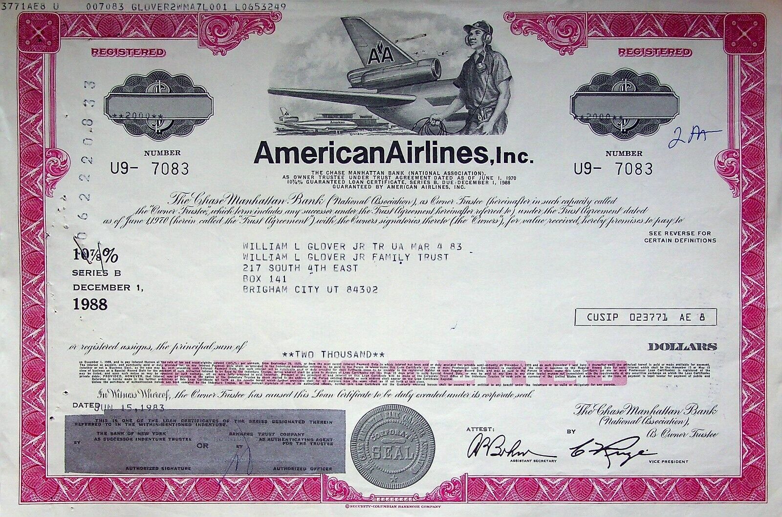 1988 American Airlines capital stock certificate