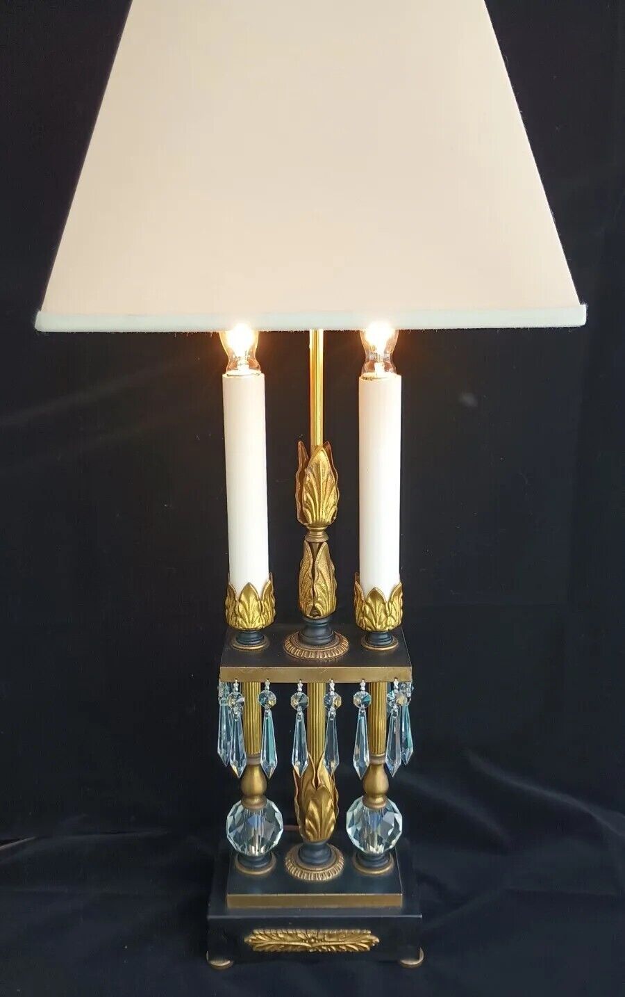 Antique 1940s Empire Neo Classical Gold Ormolu Crystal Prism Candlebra Desk Lamp