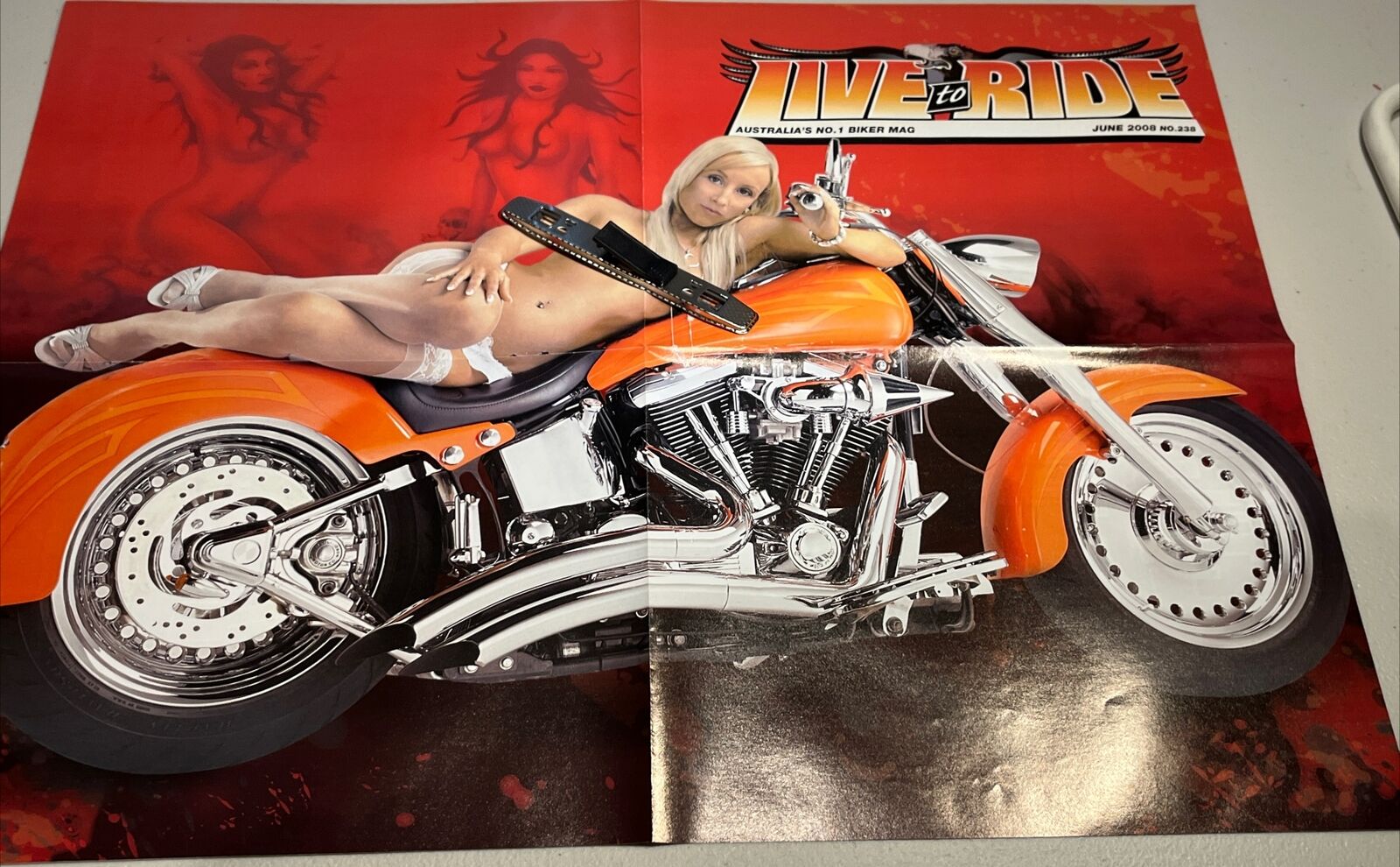 Live To Ride Magazine Stunning Orange Harley Blonde Bombshell White Lingerie