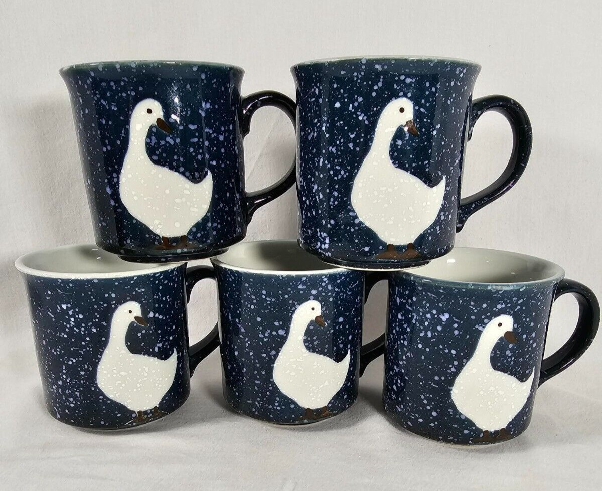 5 Vintage Otigiri Speckled Goose Cobalt Blue Ceramic Mugs