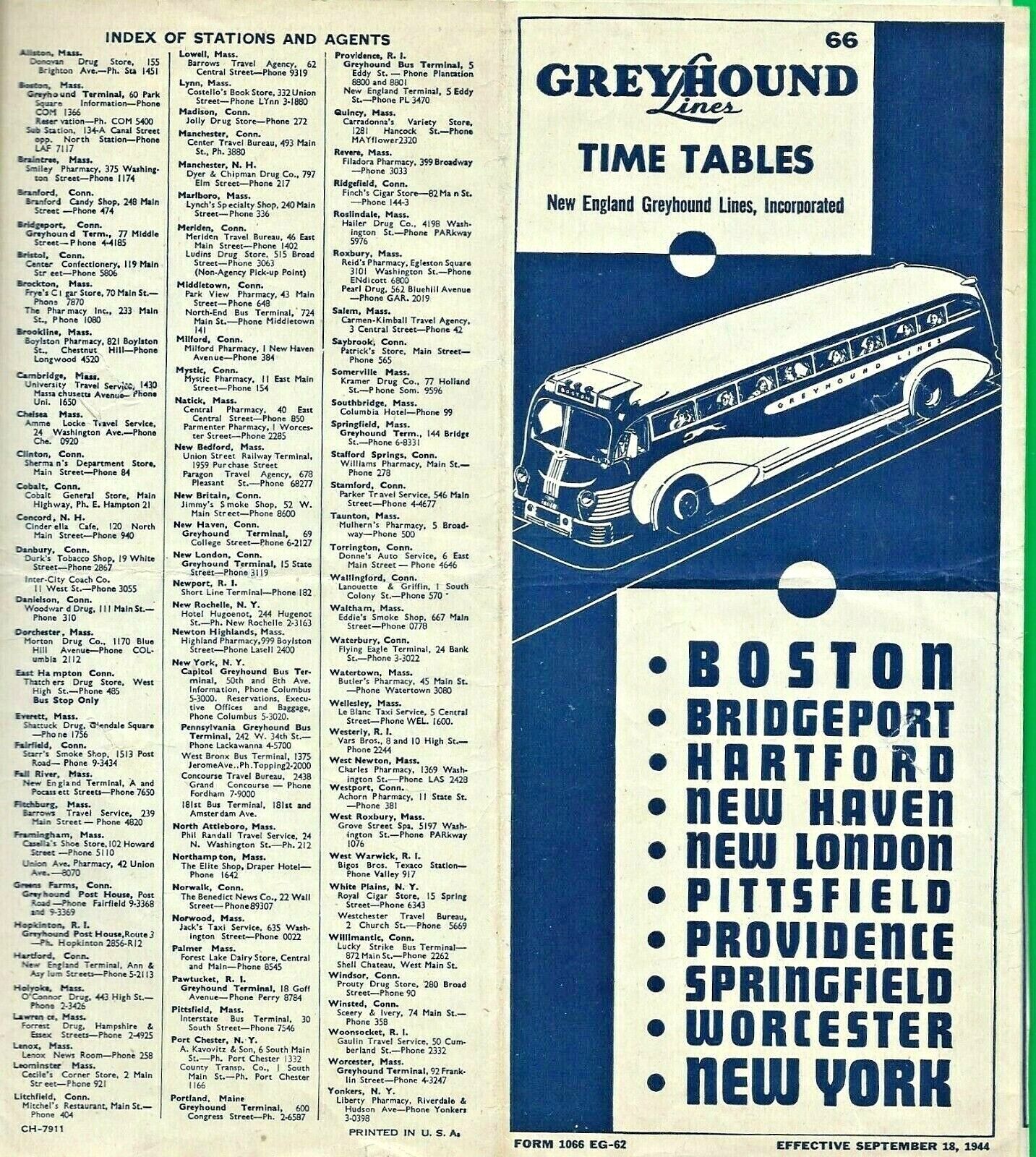 1944 GREYHOUND LINES TIME TABLES ~ NEW ENGLAND ~ BOSTON TO N.Y. ~ WORLD WAR TWO