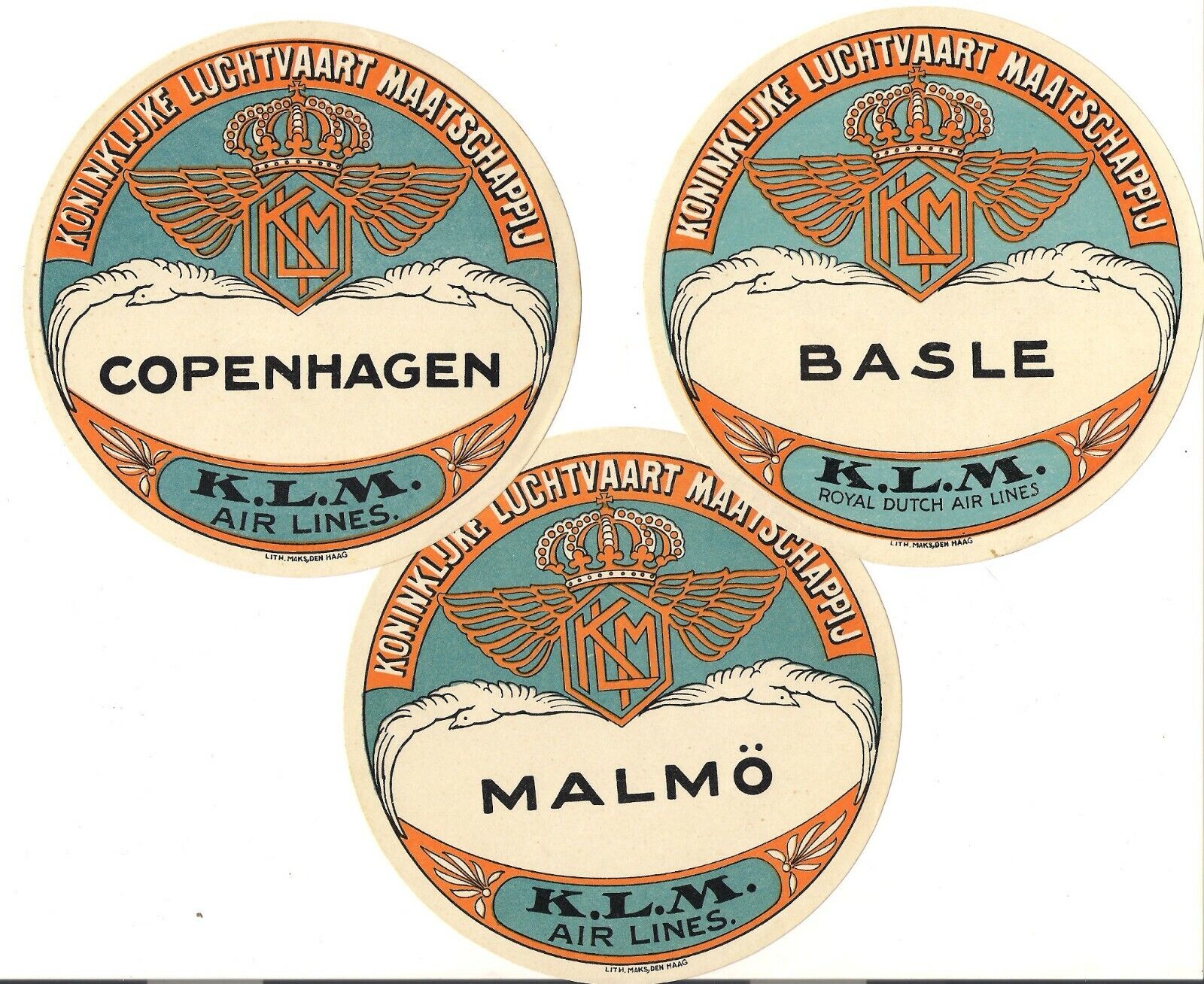 Collection of 3 KLM Baggage Labels from 1928- Unused Condition