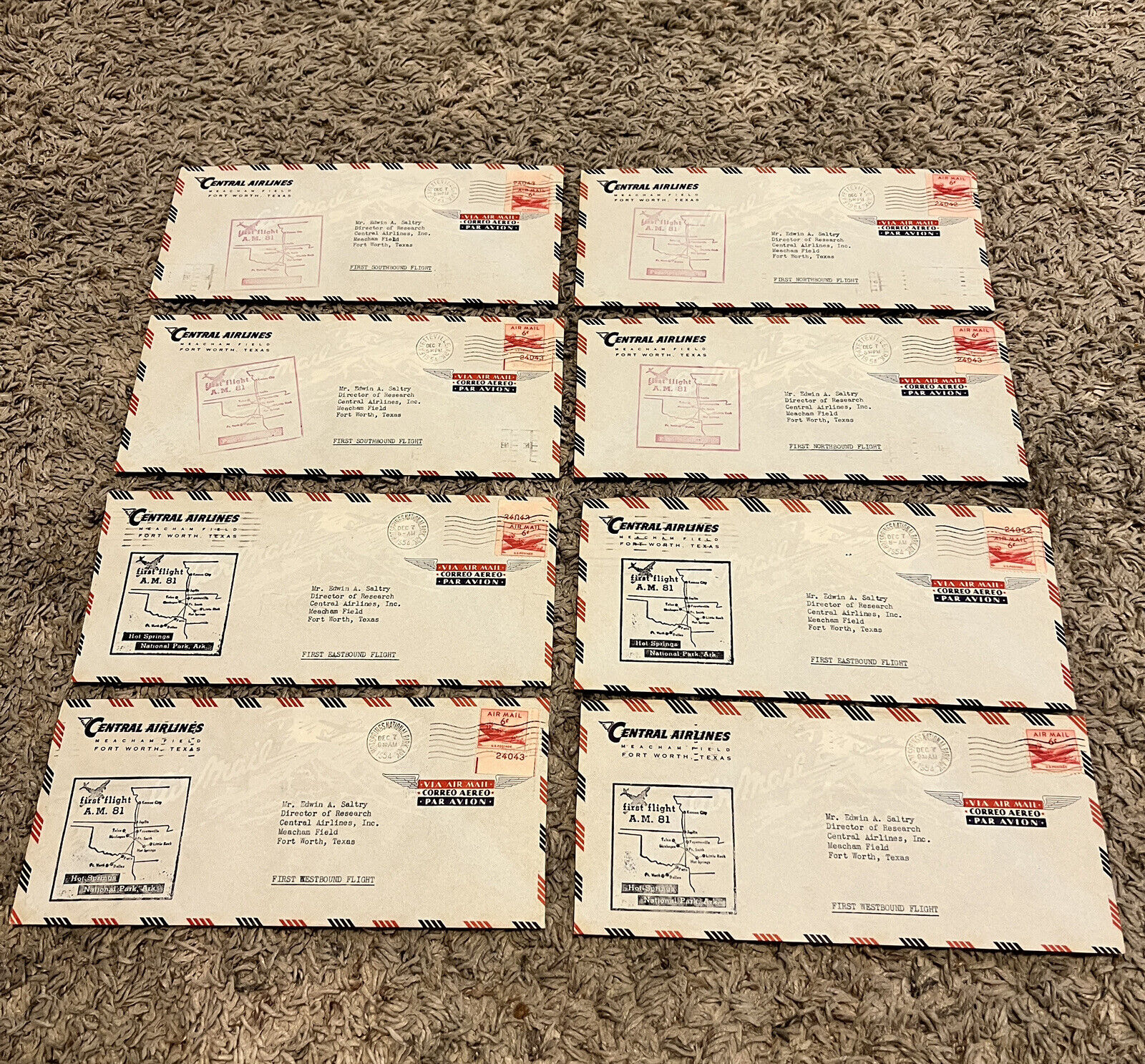1954 CENTRAL AIRLINES INVESTOR LOT OF 8 HOT SPRINGS NATIONAL PARK COVERS 