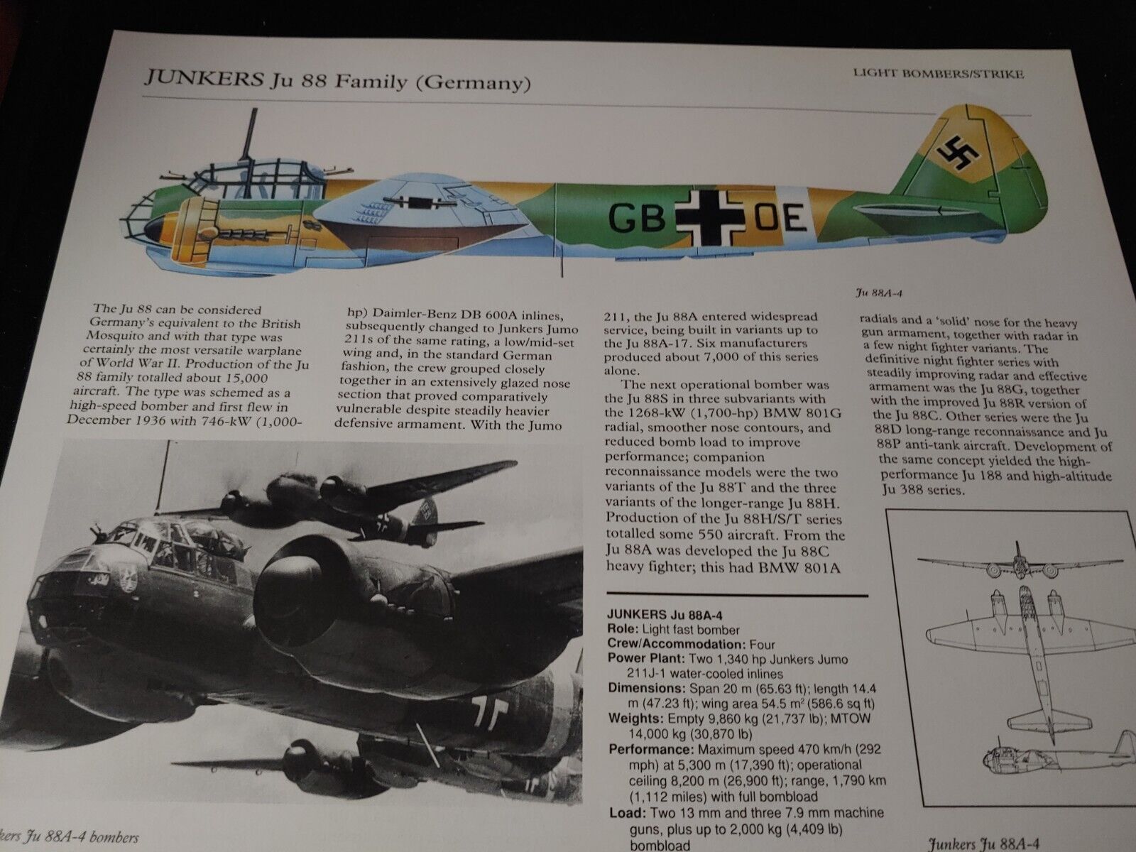 UP CLOSE ~ Junkers Ju 88 Military Aircraft Plane Profile Data Print ~ NICE