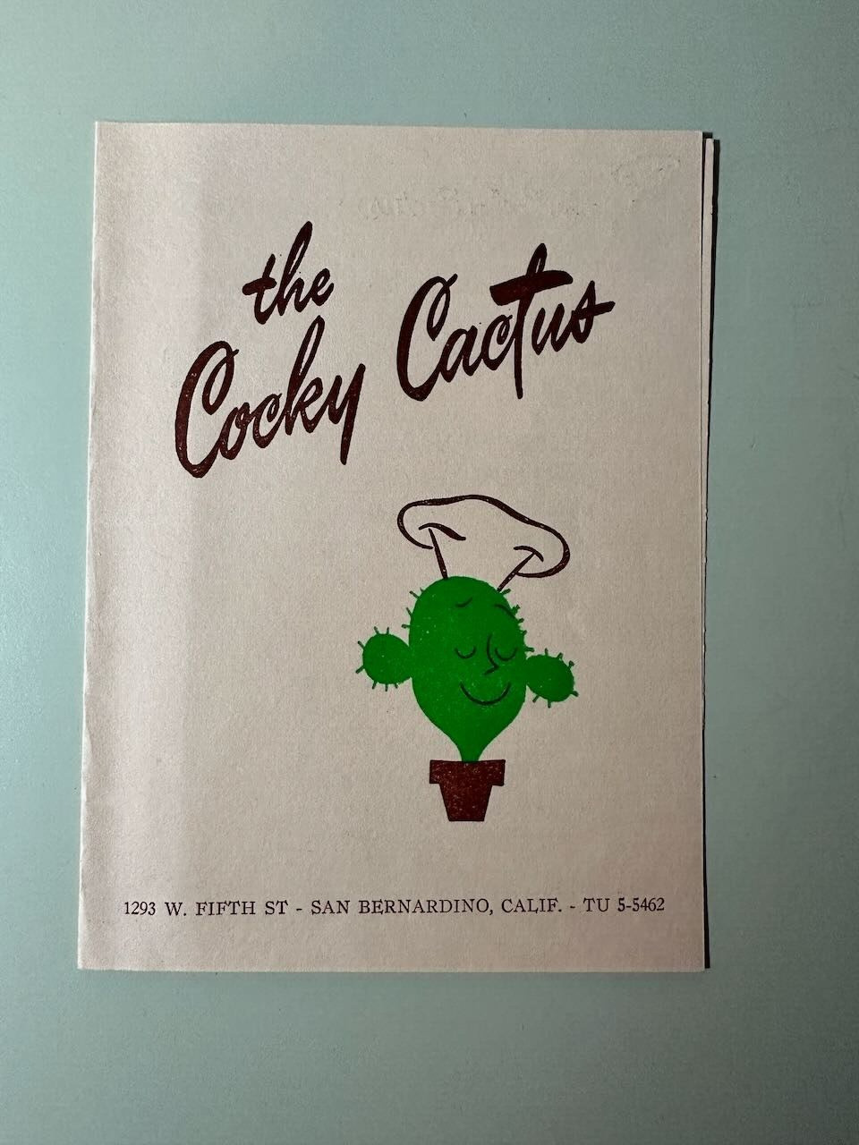 1950s The Cocky Cactus Vintage Menu San Bernardino CA Original Mid-Century COOL