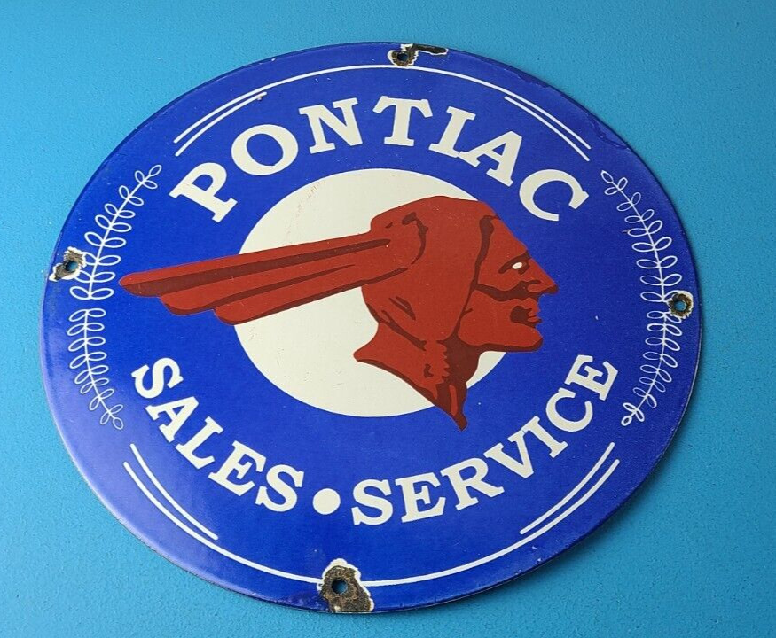 Vintage Pontiac Automobiles Sign - Automobilia Man Cave Porcelain Gas Pump Sign