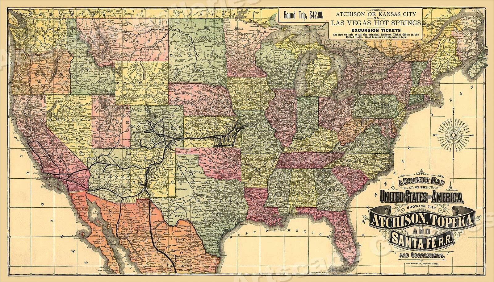 1888 Atchison, Topeka, Santa Fe RailRoad Map 24x42