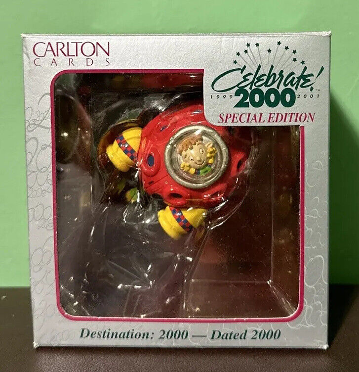 Carlton Card Christmas Ornament Destination 2000 Funky Alien Ship with Child Y2K