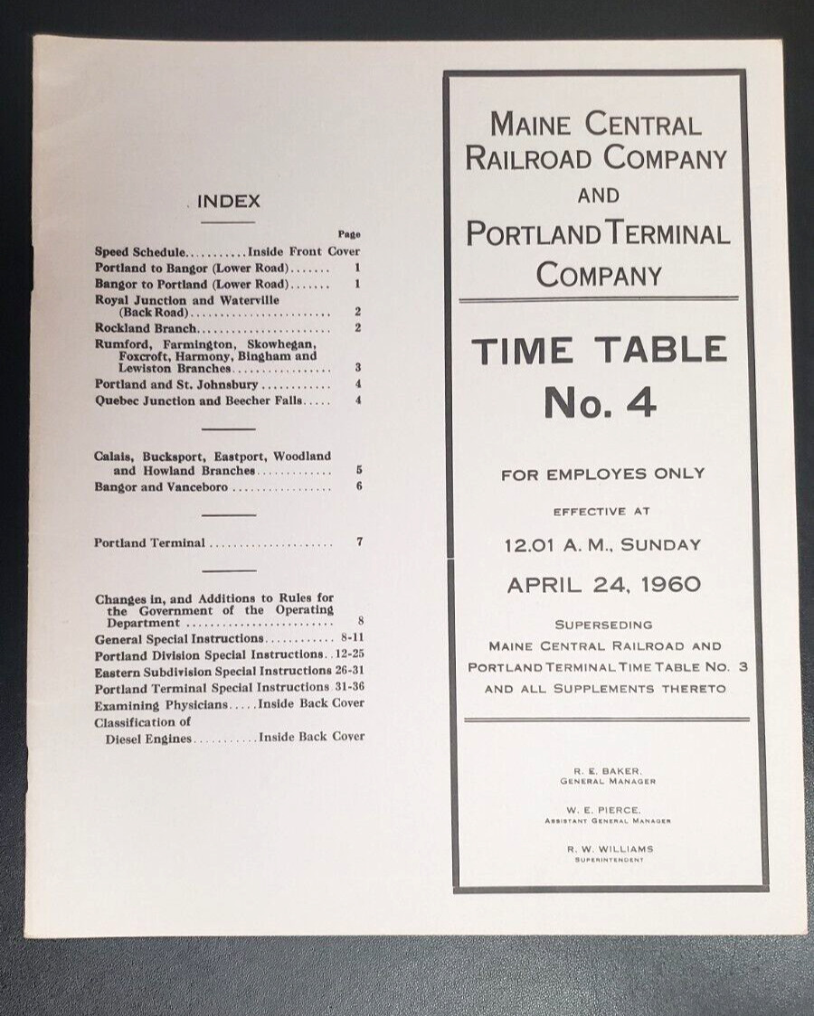 Rare 1960 Maine Central Railroad & Portland Terminal Time Table No. 4 Employee 