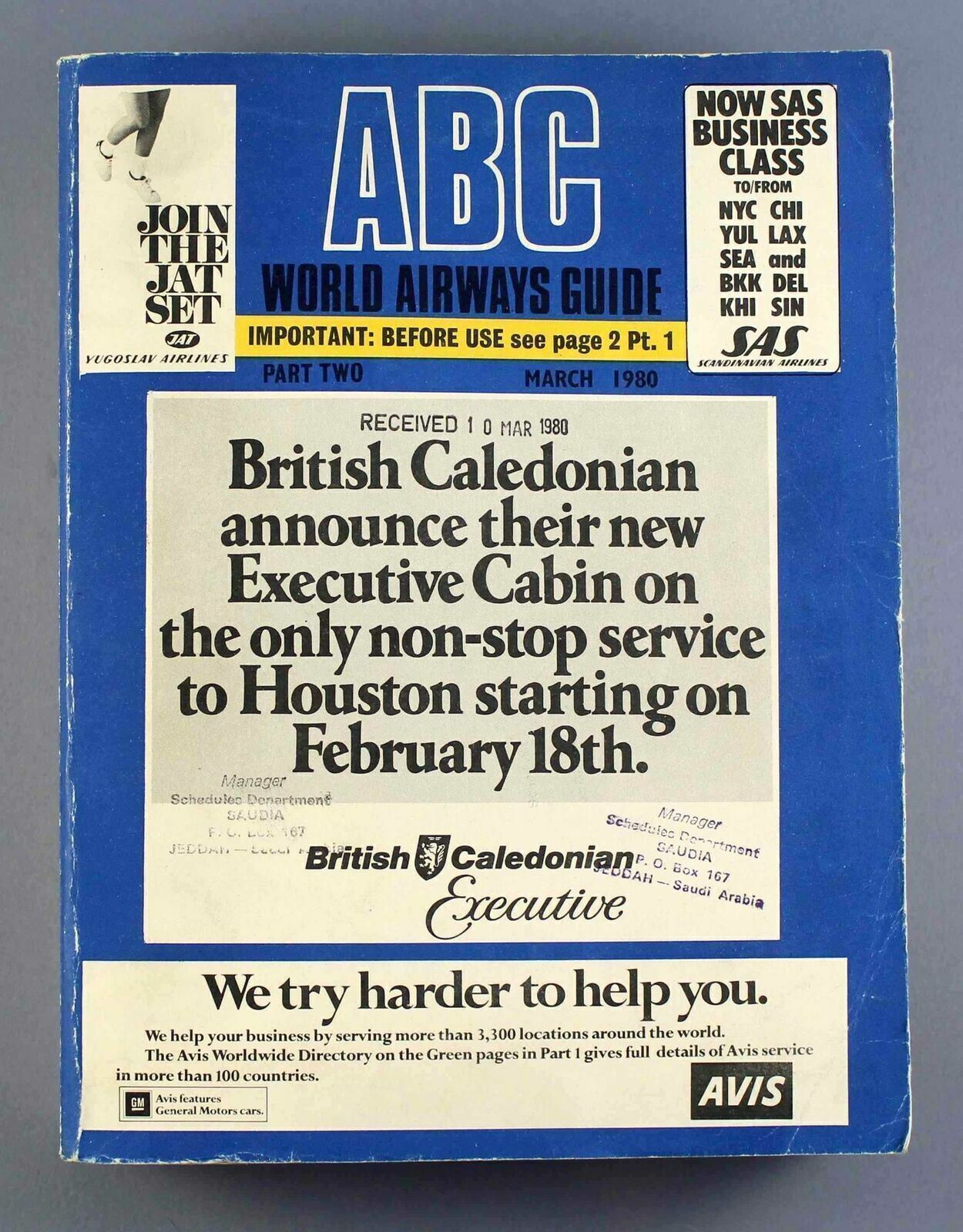 ABC WORLD AIRWAYS GUIDE MARCH 1980 AIRLINE TIMETABLE PART TWO BLUE BOOK BCAL JAT