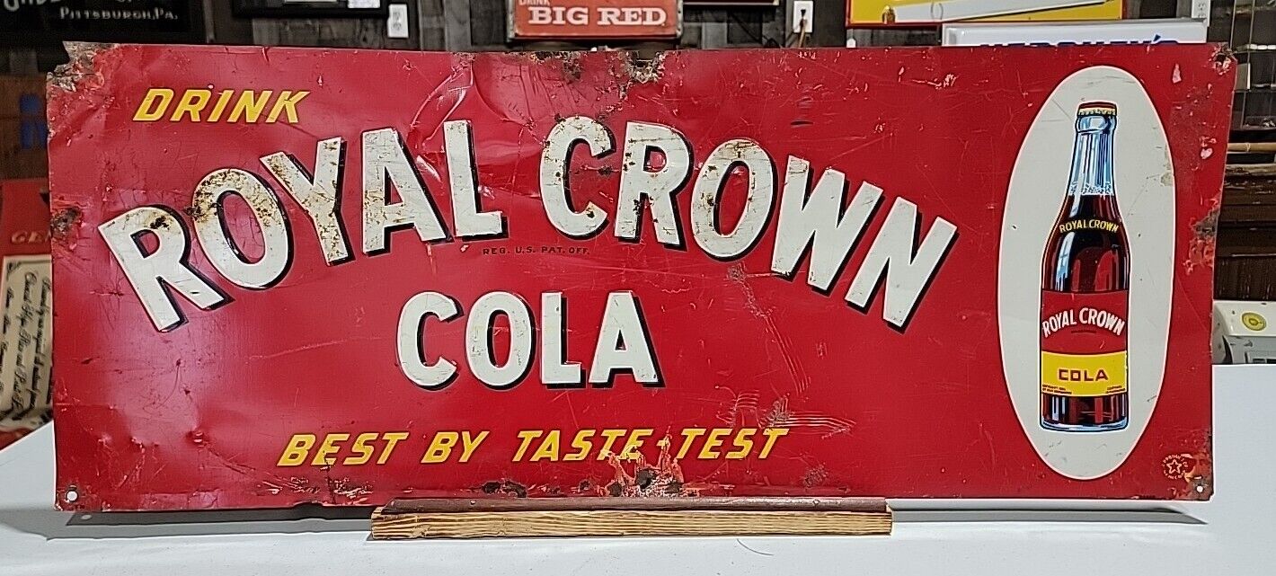 Original 1940s Metal Royal Crown Cola Metal Sign Single Sided Bottle Graphic