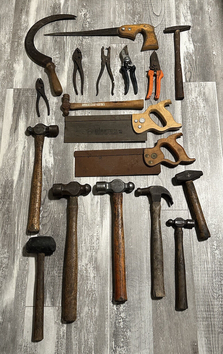 VTG Tool Lot: Hammer, Pliers, Saws Craftsman, Disston Etc