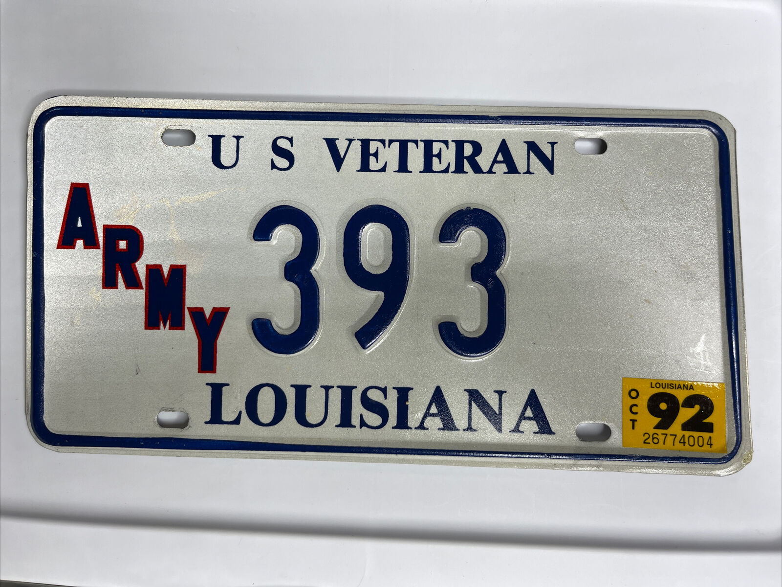 Louisiana 1993 US Veteran ARMY license plate  # 393 Beautiful Condition