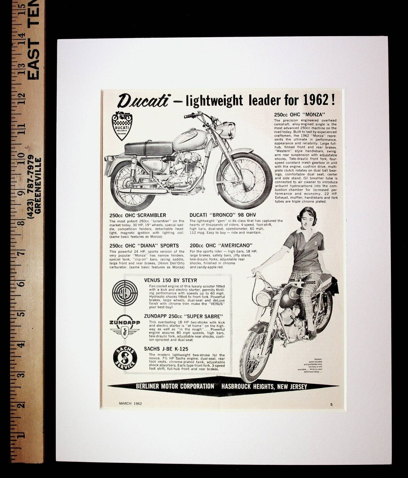 1962 Ducati Monza Vintage Motorcycle Ad Matted & Frame-Ready