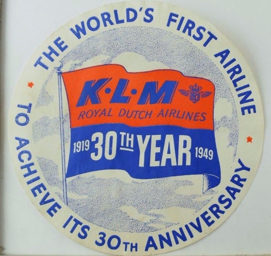 1949 K. L. M The World's First Airline 30th Anniversary Luggage Label *G