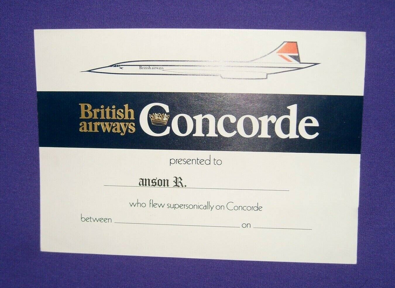 Vintage British Airways Concorde Supersonic Flight Certificate (1980s) Used 