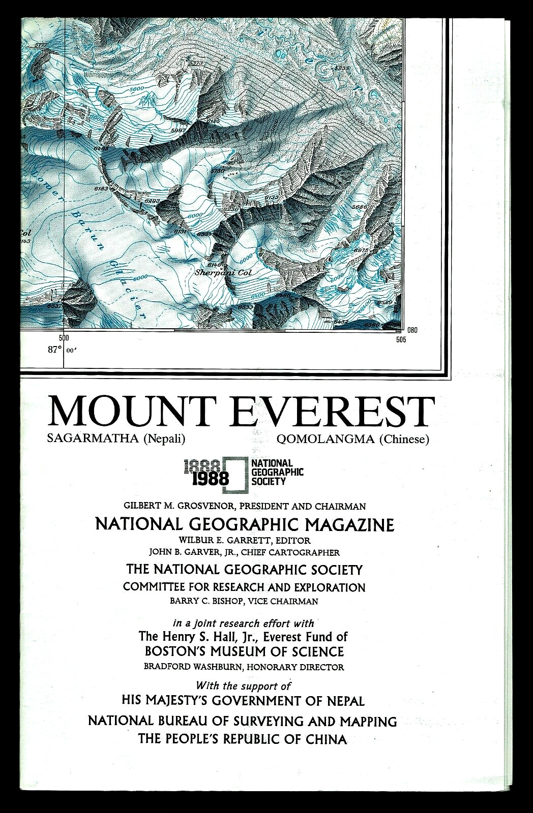 ⫸ 1988-11 November MT MOUNT EVEREST National Geographic Map Poster School - A3