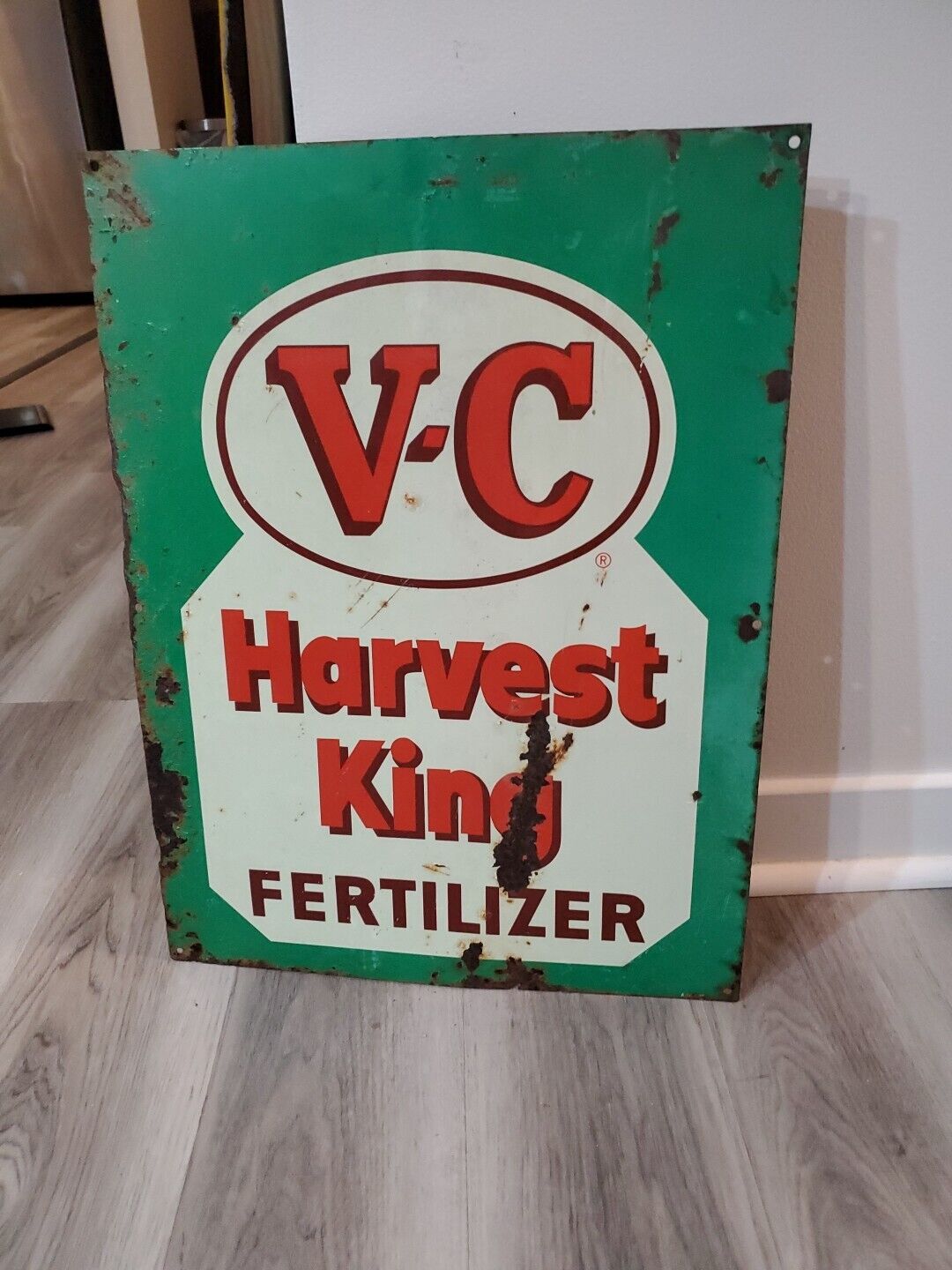 c.1962 Original Vintage V-C Harvest King Fertilizer Sign Metal Farm Feed Corn 