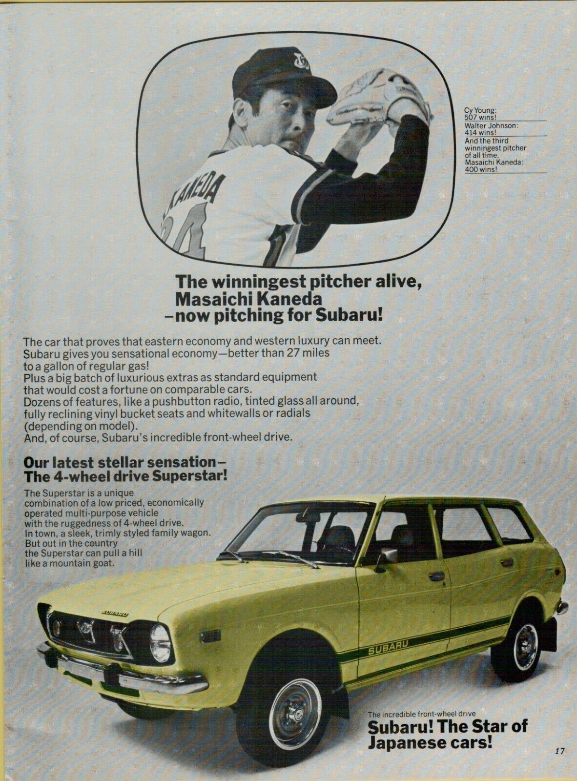 1975 Subaru 4 Wheel Drive Superstar Masaichi Kaneda Pitcher VINTAGE PRINT AD