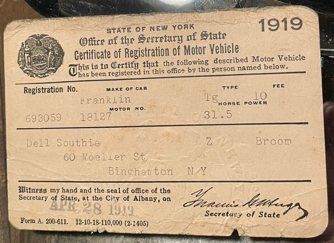 1919 31.5hp FRANKLINE TG car registration from BINGHAMTON NY 