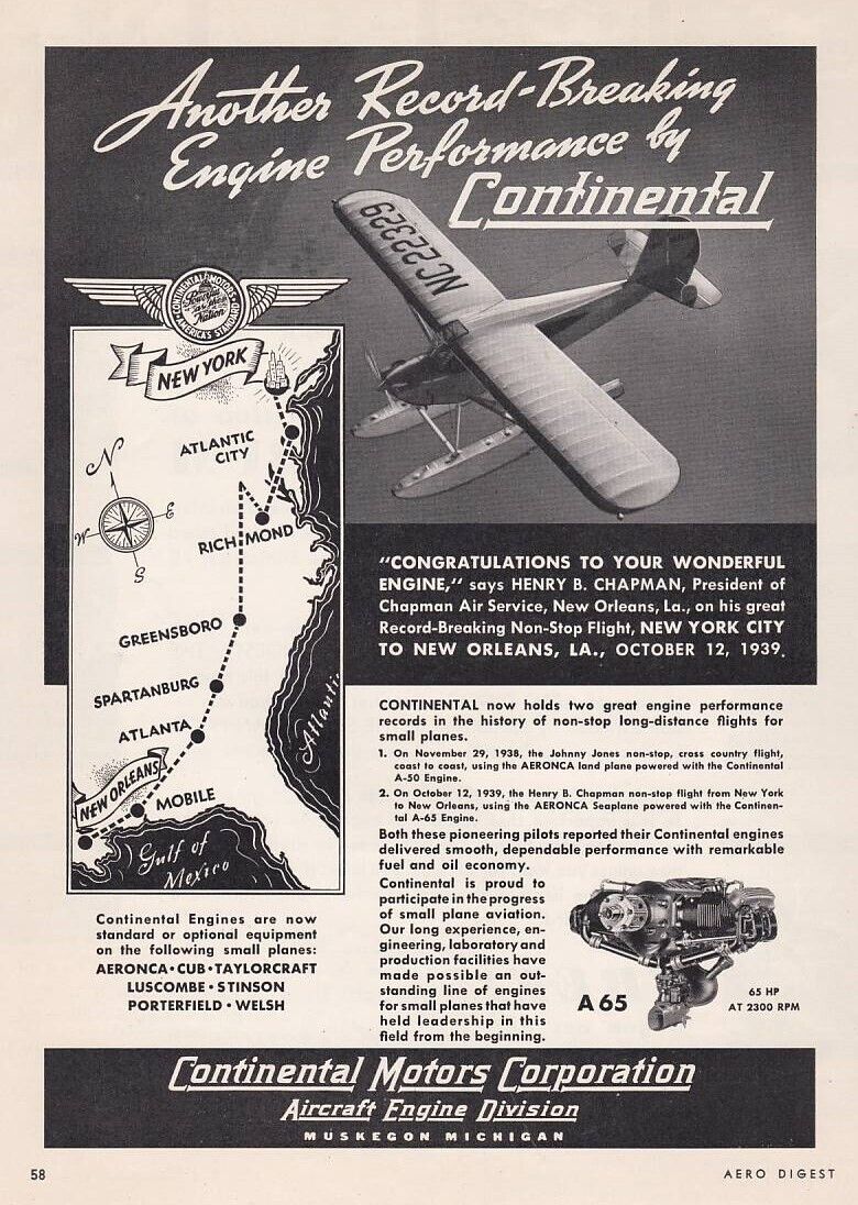 Aeronca Continental A65 Aircraft engine ad 3/6/2023g