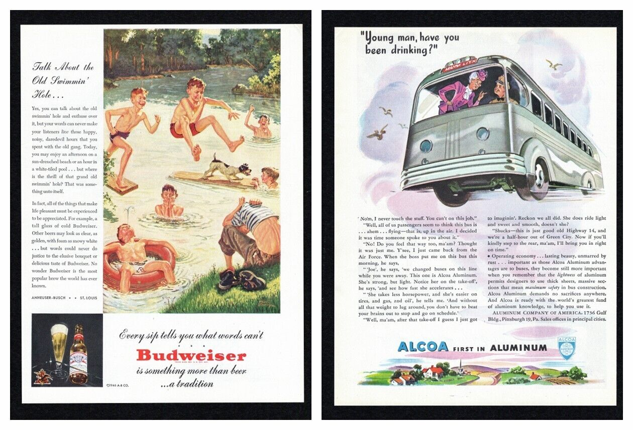 1946 Budweiser Old Swimmin Hole / Alcoa Aluminum Have You Been Drinking Print Ad