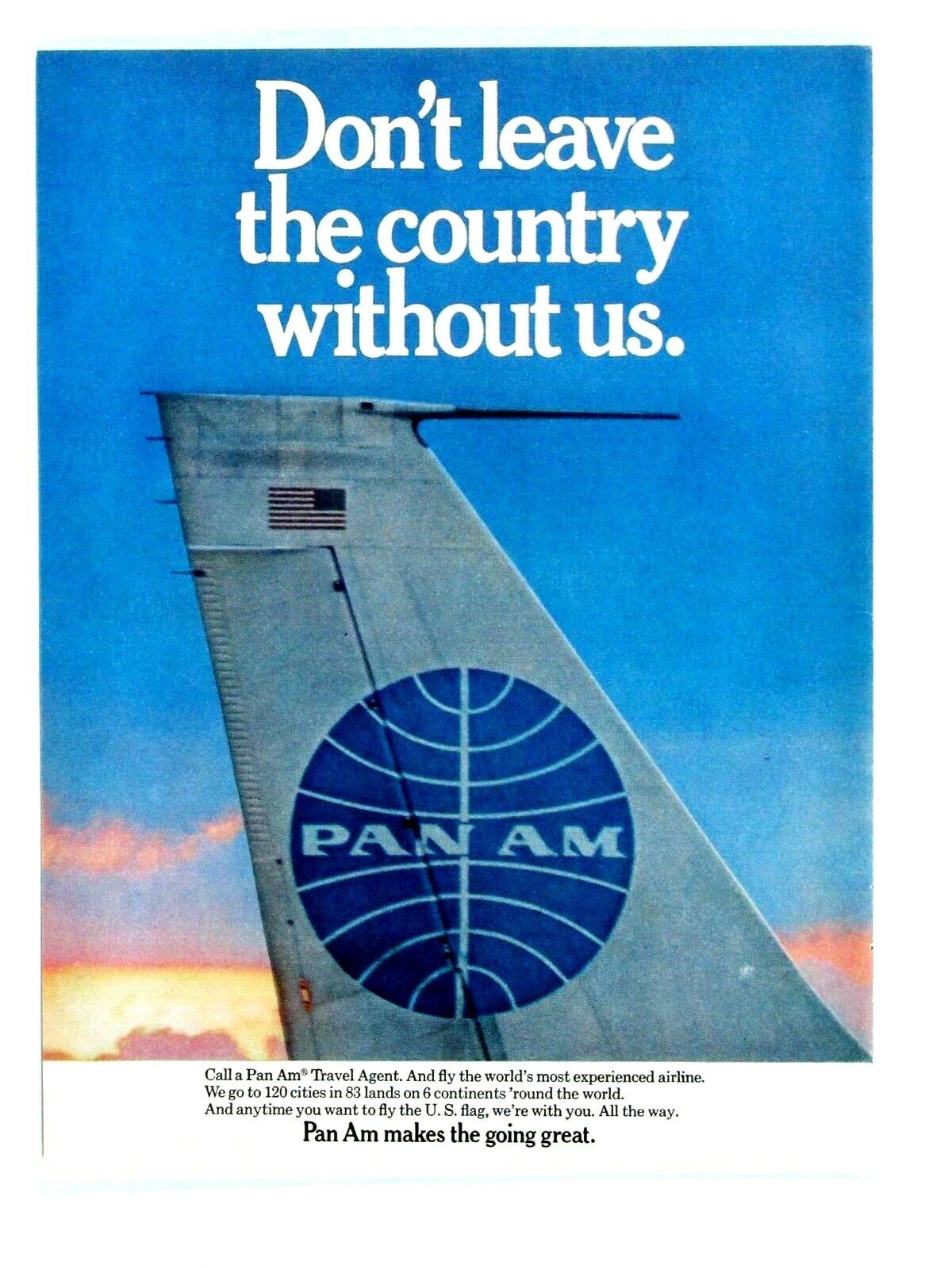 1968 Pan AM Vintage Don\'t Leave The Country Without Us Original Print Ad 8.5x11\