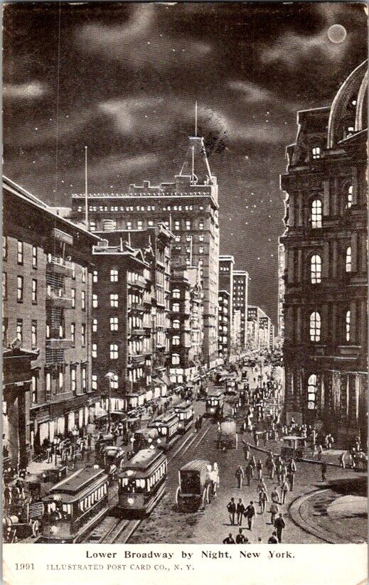 Vintage Postcard Lower Broadway at Night NY New York 1907                  G-386
