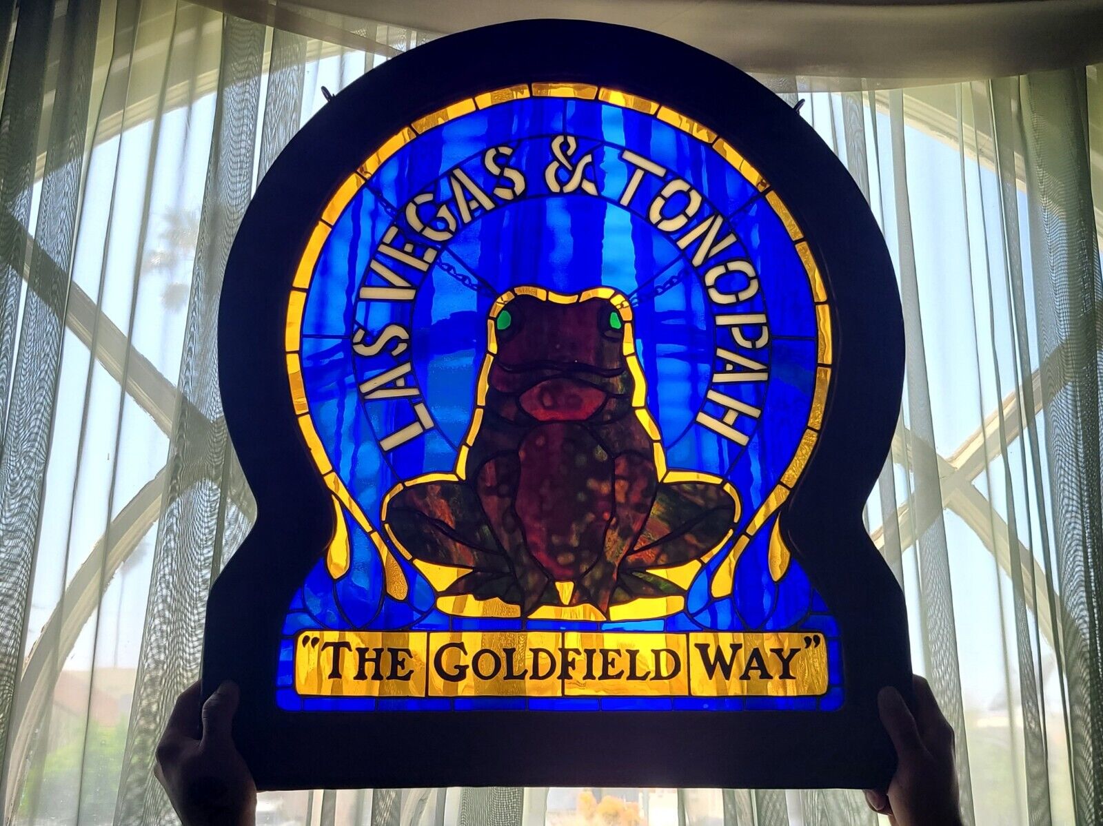 Vtg Las Vegas To Tonopah The Goldfield Way Bullfrog Stained Glass Sign Railroad