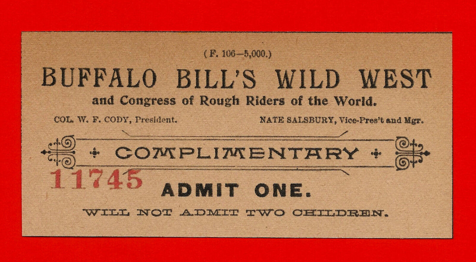Buffalo Bill's Wild West Show Ticket Reprint On 100 Year Old Paper *9046