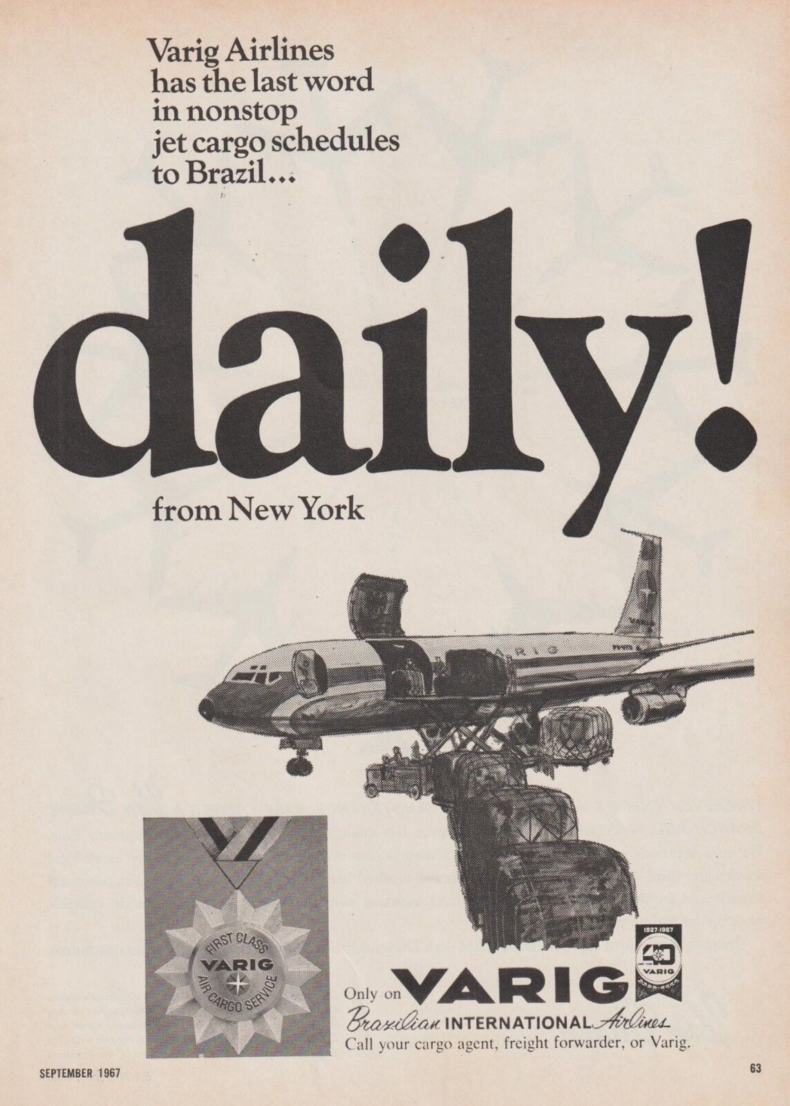 Aviation Magazine Add - VARIG Boeing 707 Cargo (1967)