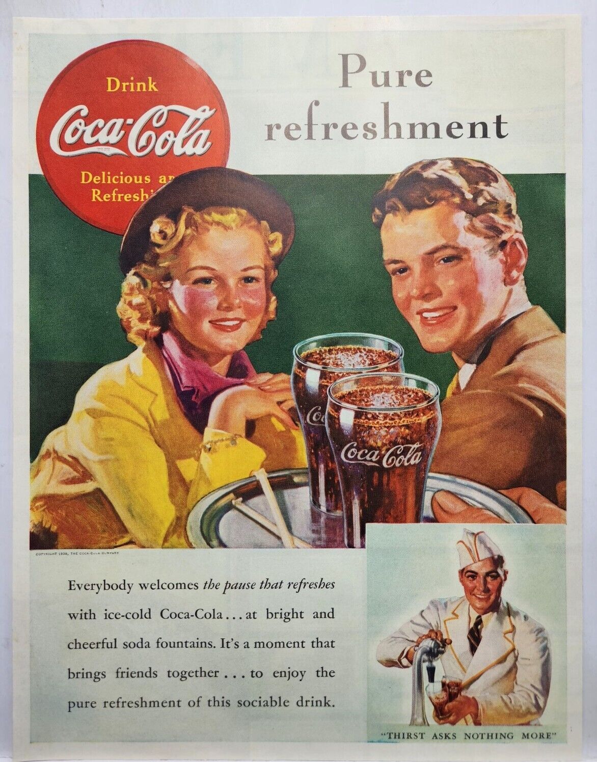 1938 Coca Cola Coke Soda Jerk Fountain Vtg Print Ad Man Cave Poster Art 30\'s